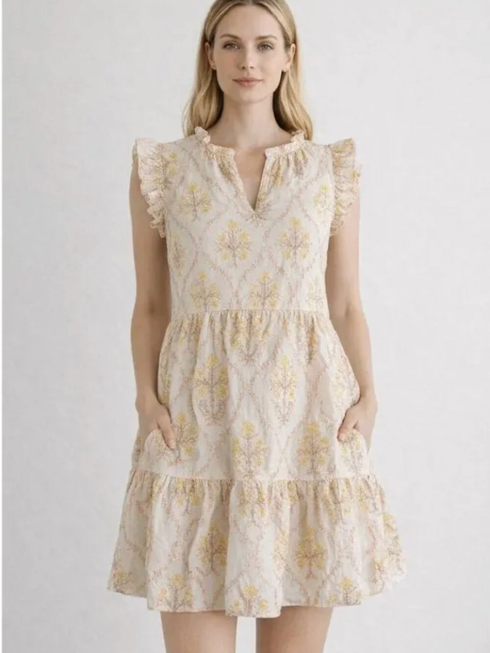 A loves A Flutter Cap Sleeve Embroidered Tiered Mini Dress size Medium